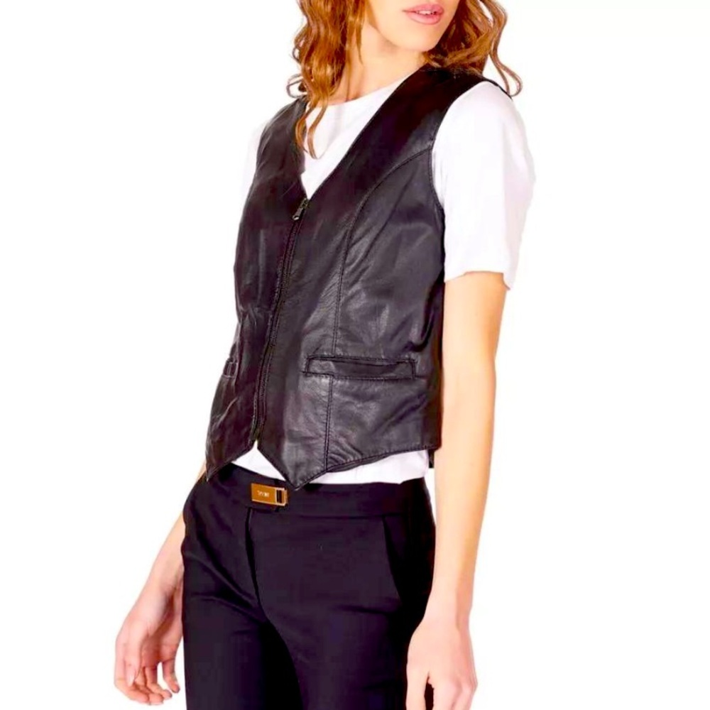 Golden Swallow Vintage Chinese Black Leather Vest Size M